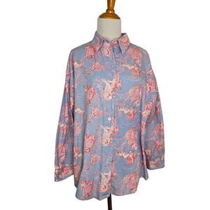 Key West Preppy Novelty Print Shirt Pink Button Front Monkey Cotton Women Medium